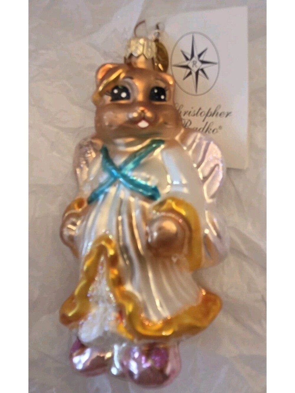 Christopher Radko Glass Kitty Guardian Angel Ornament Handpainted, Has Repair